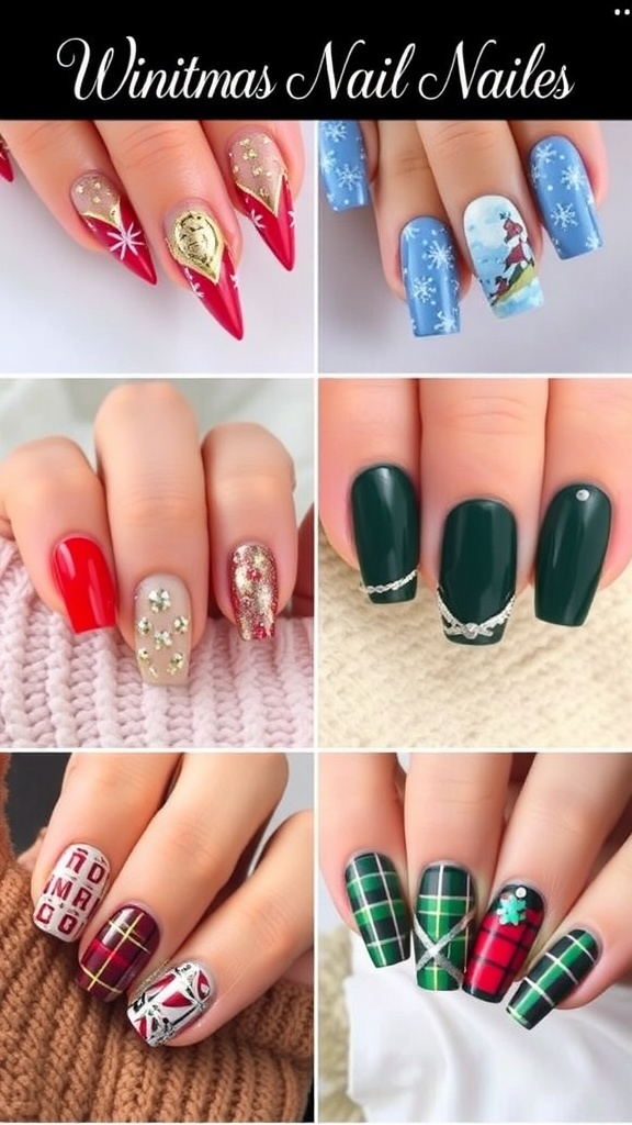Elegant Winter Christmas Nail Designs Elegant winter Christmas nail designs in red, green, blue, and gold.